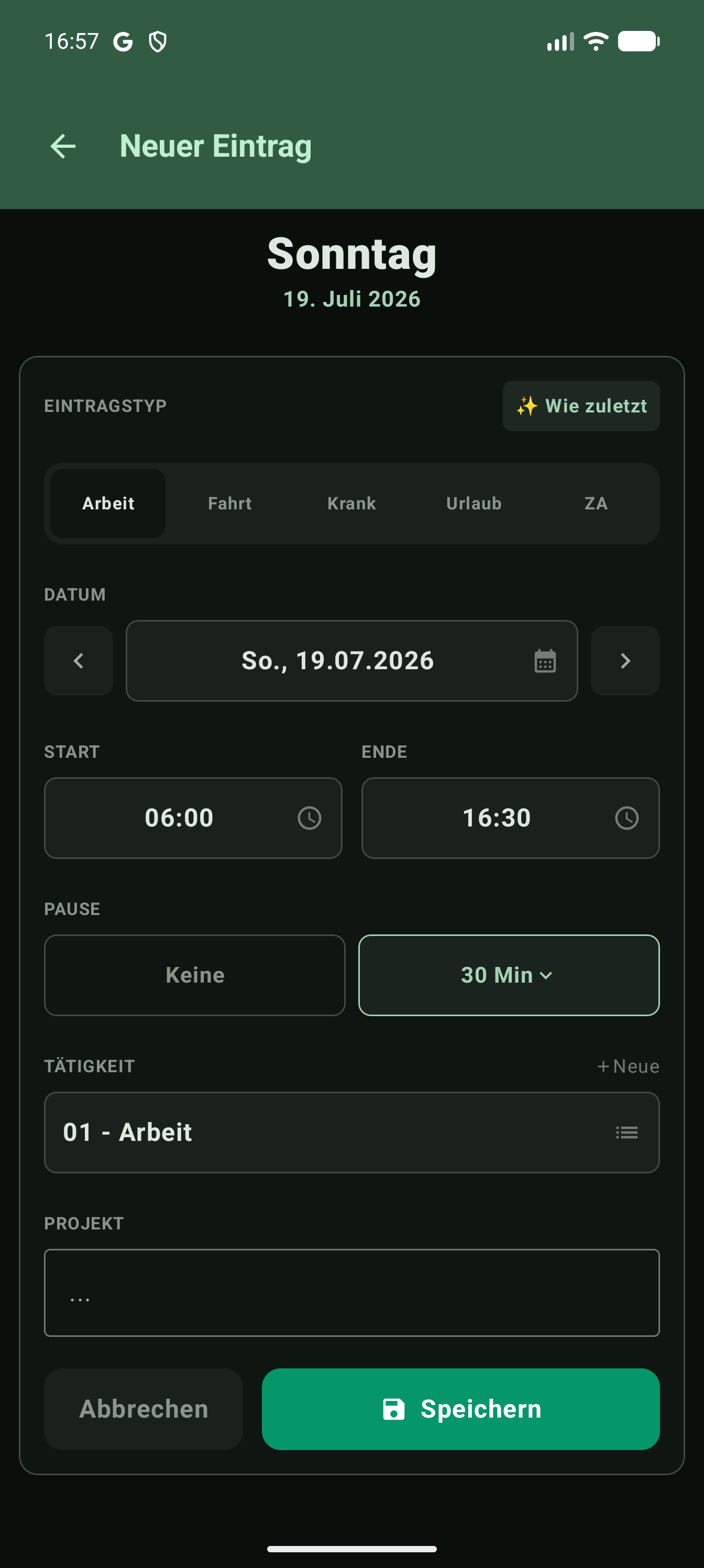 Neuer Zeiteintrag